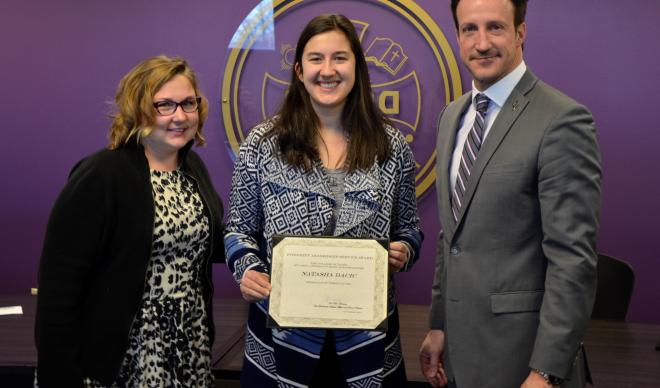 From L to R: Residence Life Area Coordinator Michelle Cain, Natasha Dacic w/ ILS award, Dean of Students Paul Bennion
