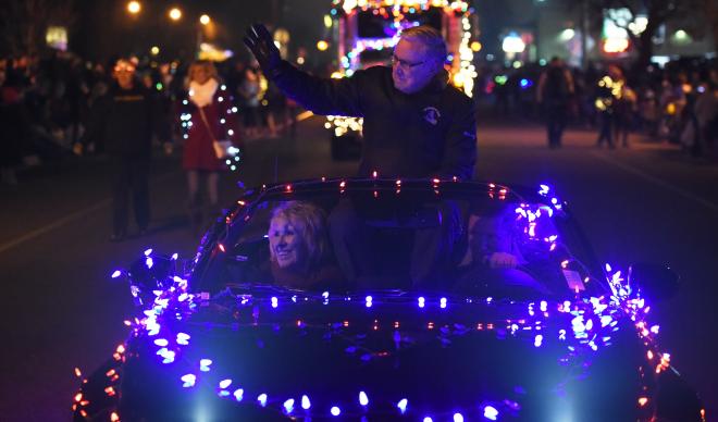 Bob and Leslee Hoover lead the way at the Annual Treasure Valley Night Light Parade