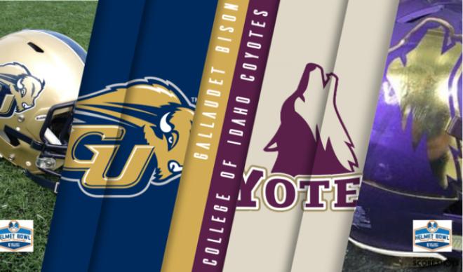 The football helmets of Gallaudet University and The College of Idaho on a banner side by side for the Helmet Tracker Helmet Bowl 