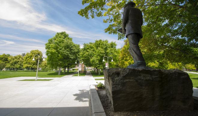 The statue of William Judson Boone overlooks The College of Idaho campus.