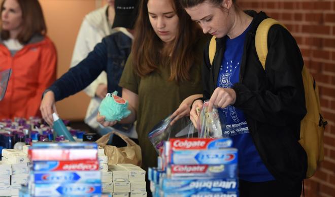C of I students create hygiene kits on Martin Luther King Jr. Day.