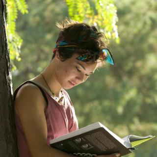 Young woman reads textbook under tree