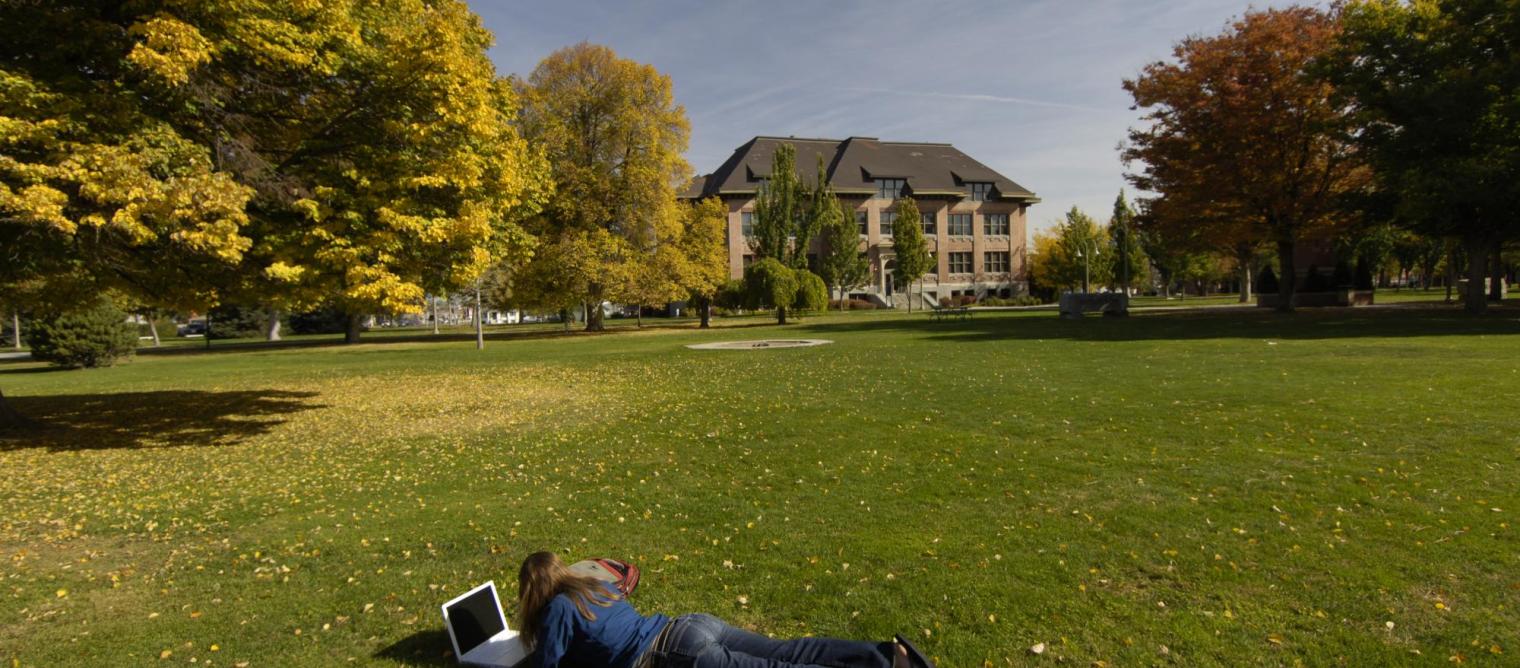 Student studying on the lawn