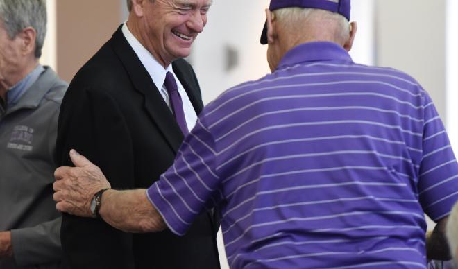 Idaho Lt. Gov. Brad Little greets a constituent at Nov. 21's "Meet the Candidates" event