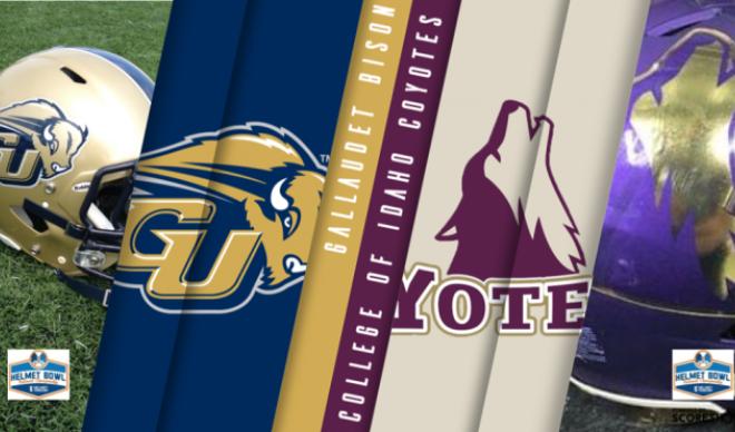 The football helmets of Gallaudet University and The College of Idaho on a banner side by side for the Helmet Tracker Helmet Bowl 