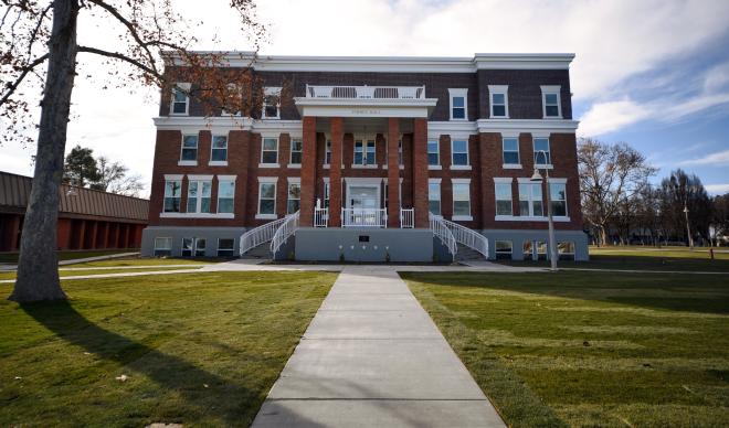 The renovated Finney Hall stands triumphant in the sun.