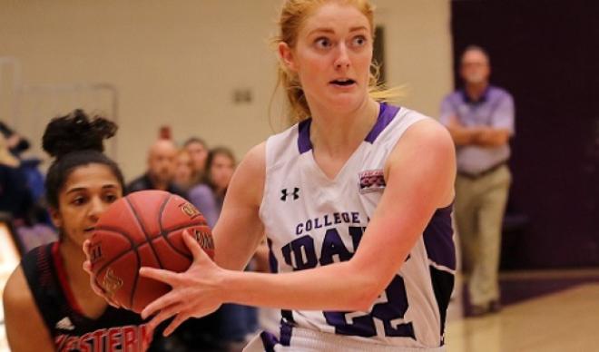 C of I women's basketball player Lindy Westendorf takes a pass on the court.