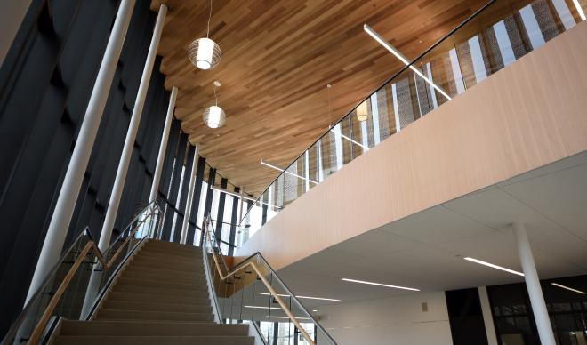 The Cruzen-Murray Library ceiling and stairs.