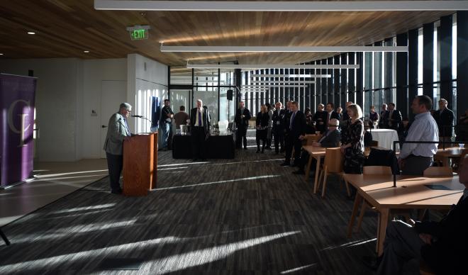 Interim President Dr. Bob Hoover addresses the guests at the Cruzen-Murray Library dedication.