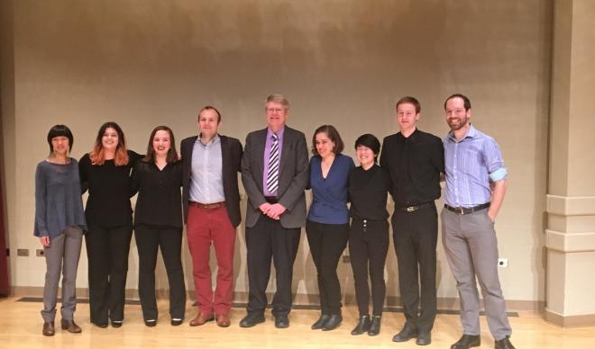 The C of I String Quartet poses with the Jasper String Quartet following the 13th Annual Young Artists String Quartet Competition.