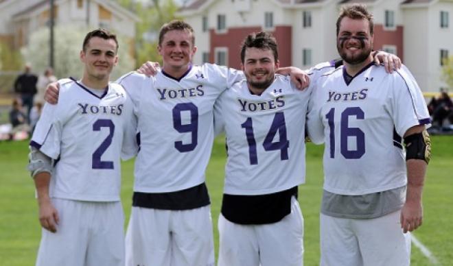 Men's lacrosse senior players pose on Senior Day.