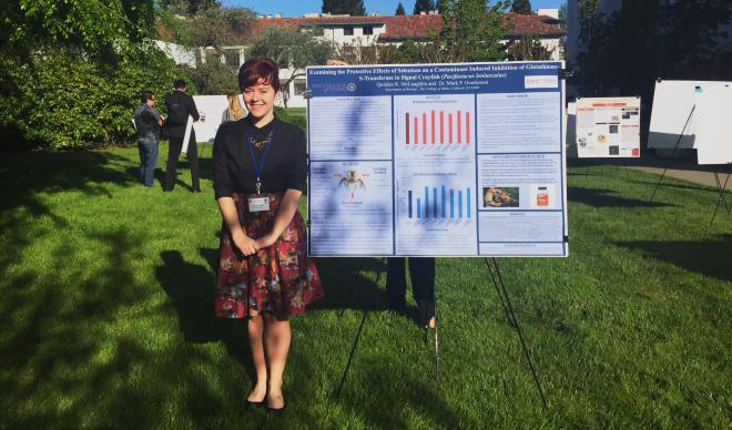 Quin McLaughlin stands with her award winning poster at the 43rd Annual West Coast Biological Sciences Undergraduate Research Conference.