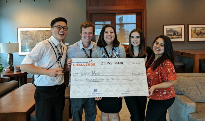 The C of I Green Mind team poses with their $12,000 check from the Idaho Entrepreneurial Challenge. 