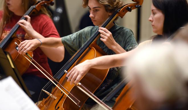Students play cello at The College of Idaho Cello Festival.