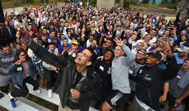 Freshman students gather for a group picture at the McCall Wilderness Experience.