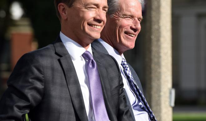 Doug Brigham (left) and Jim Everett (right) laugh together at their official inauguration ceremony as co-presidents.