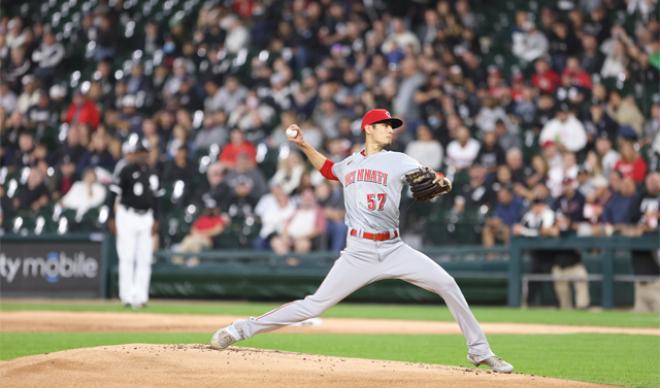 Riley O'Brien pitching for the Reds