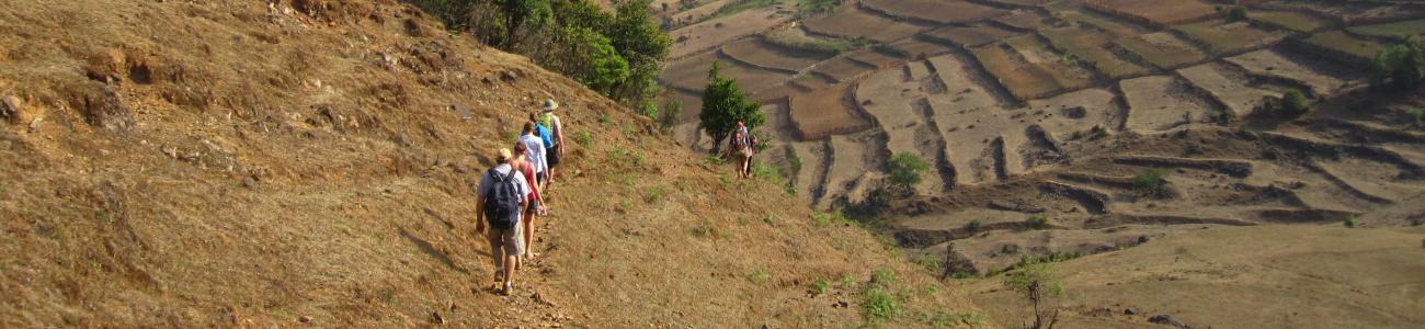 Study abroad class on a trek through mountains