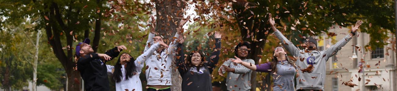 Students throwing leaves in the fall